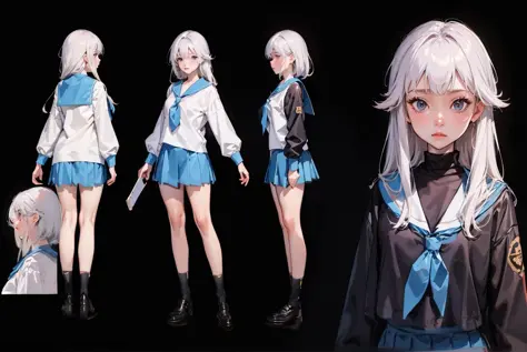 dal, beautiful, masterpiece, best quality, perfect lighting, extremely detailed CG unity 8k wallpaper, <lora:reference sheet-model sheet:1>, reference sheet, model sheet, simple white background, (multiple views, [full body|from behind|from side|from front...