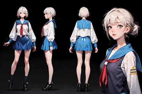 dal, beautiful, masterpiece, best quality, perfect lighting, extremely detailed CG unity 8k wallpaper, <lora:reference sheet-model sheet:1>, reference sheet, model sheet, simple white background, (multiple views, [full body|from behind|from side|from front...