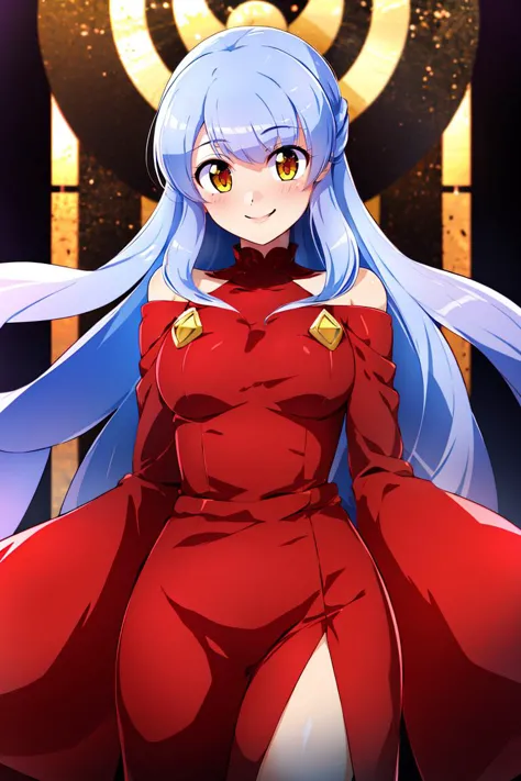 a woman in a red dress with long blue hair and a sword