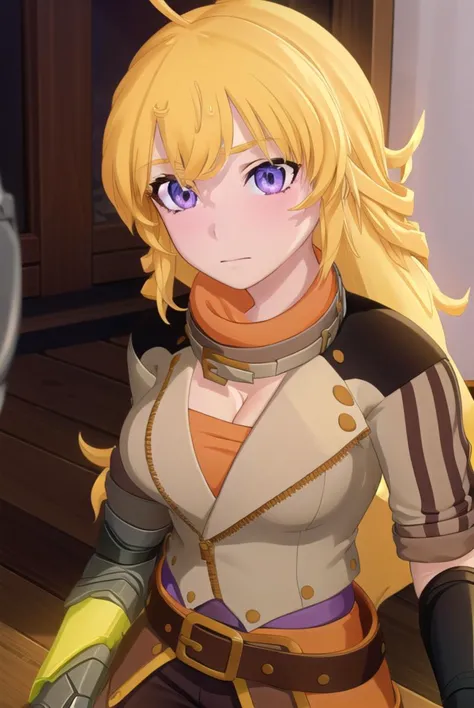 yangxiaolong, <lyco:yangxiaolong-lyco-nochekaiser:1>,
yang xiao long, long hair, blonde hair, (purple eyes:1.1), ahoge, bangs,
BREAK cleavage, jacket, belt, mechanical arms, single mechanical arm, prosthesis, prosthetic arm,
BREAK outdoors,
BREAK looking at viewer, (cowboy shot:1.5),
BREAK <lora:GoodHands-beta2:1>, (masterpiece:1.2), best quality, high resolution, unity 8k wallpaper, (illustration:0.8), (beautiful detailed eyes:1.6), extremely detailed face, perfect lighting, extremely detailed CG, (perfect hands, perfect anatomy),