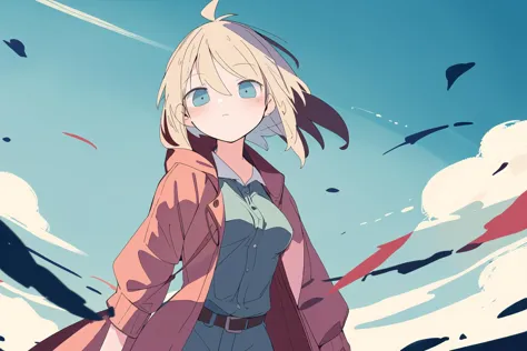 anime girl with long blonde hair and blue eyes standing in front of a cloudy sky