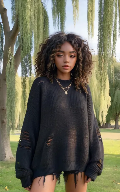 a woman standing in a park wearing a black sweater and ripped shorts