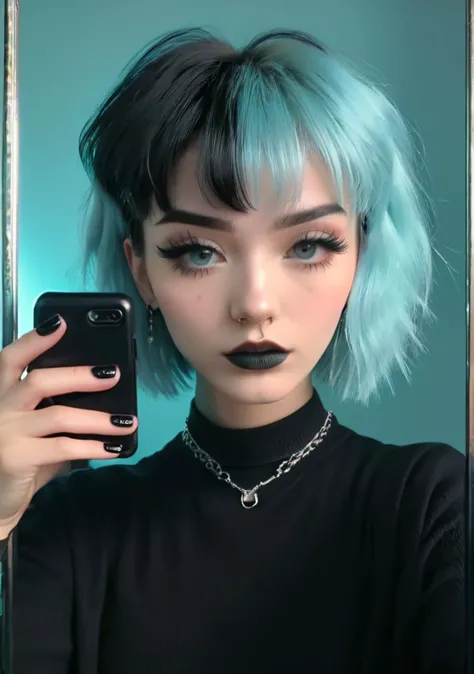 a woman with blue hair and black lipstick taking a selfie