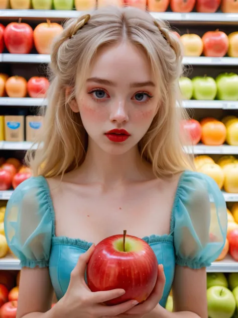 arafed woman in a blue dress holding an apple in front of a store