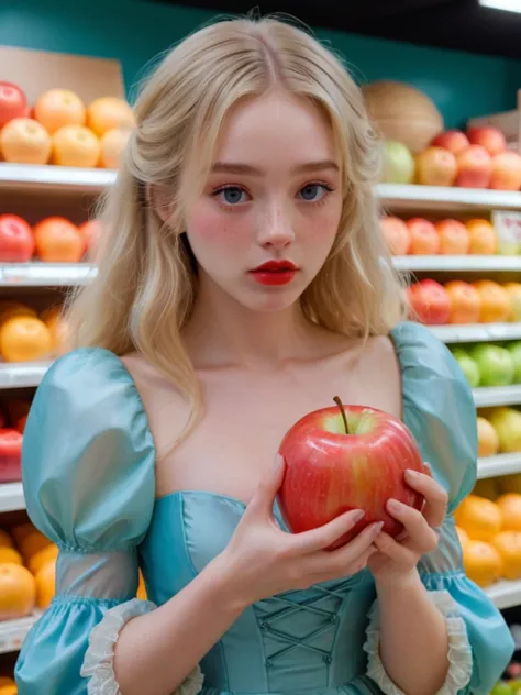 blond woman in blue dress holding an apple in front of a store