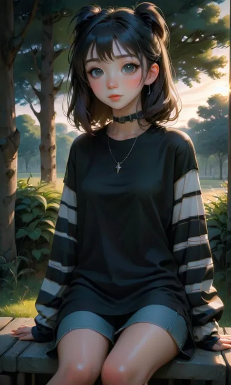 digital art, anime, dynamic angle, detailed, handsome young woman, (oversize) plain black t-shirt with (long striped sleeves),  sitting outside, detailed face, soft evening light  <lora:alt_fashion_v2:1>  <lora:aesthetic_anime_v1s:1>