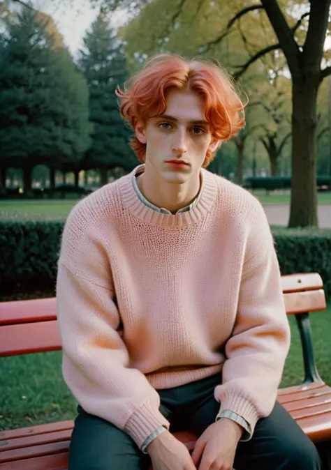 arafed man sitting on a bench in a park with a pink sweater