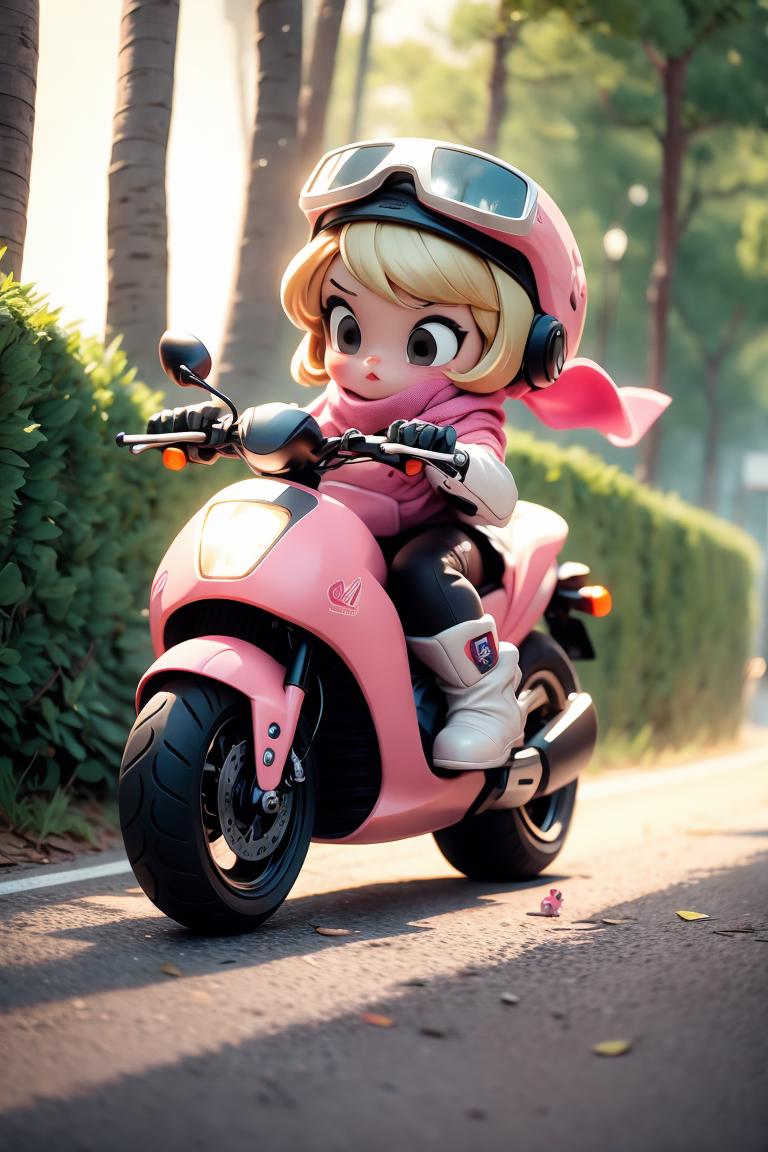 There is a girl riding a pink motorcycle down the street - SeaArt AI