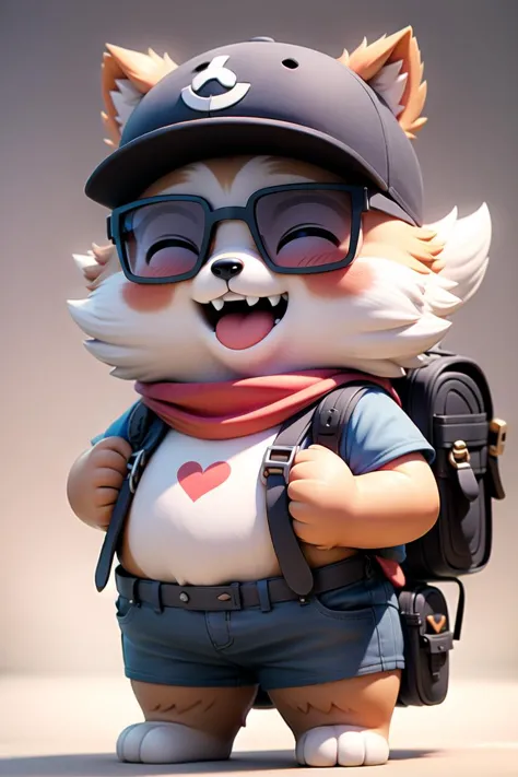 Pixar style,MG_ip,hat,backpack,open mouth,closed eyes,1boy,bag,heart,solo,smile,scarf,male focus,baseball cap,shirt,simple backg...