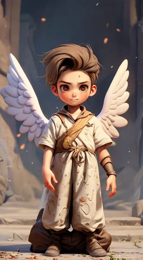 Long Shot of 1boy as angel of protection, look at the camera, over a cursed video game come to life in the real world