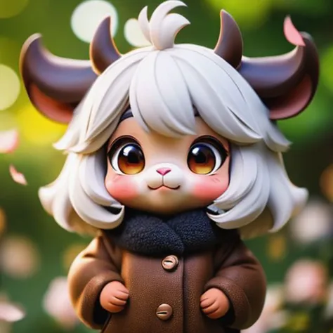 (furry:1.2) (full body),dark brown cinnamon skin cow, realistic fur, details down to every fluff, big eyes, i want the whole image to be created in 3D anime style, solo, looking at viewer, short hair, bangs, white hair, 1girl, highest quality detailed eyes, closed mouth, upper body, female focus, blurry, lips, petals, blurry background