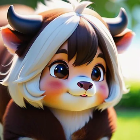 (furry:1.2) (full body),dark brown cinnamon skin cow, realistic fur, details down to every fluff, big eyes, i want the whole ima...