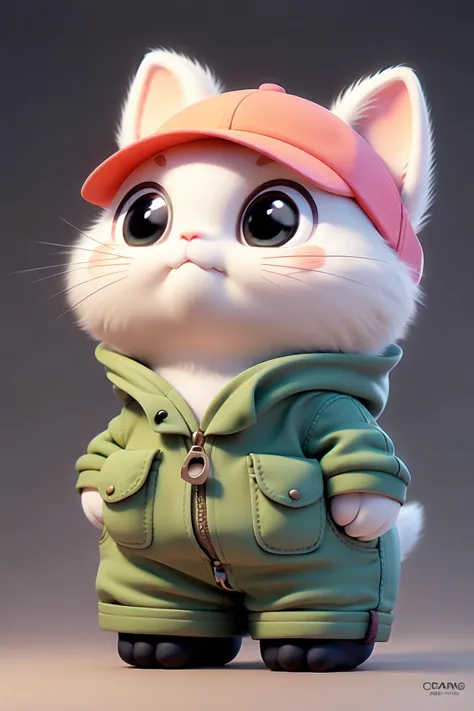Pixar style,cat,no humans,white cat,hat,animal,zipper,solo,animal focus,simple background,whiskers,clothed animal,pocket,fluffy,