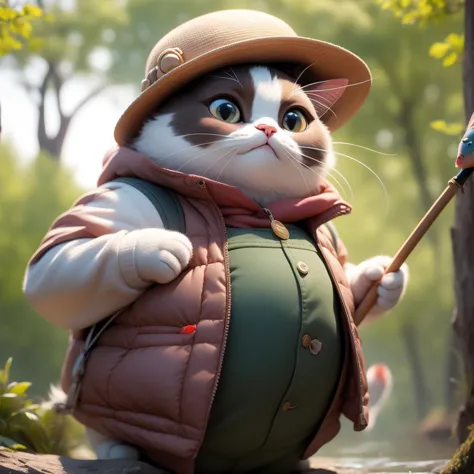 fat cat,fishing rod,hat,hold the fish in hands,whiskers,animal focus,vest,no humans,solo,looking at viewer,brown headwear,, mast...