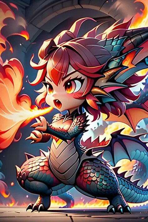 Small dragon girl in battle pose breathing fire,, amsterpiece, perfect quality