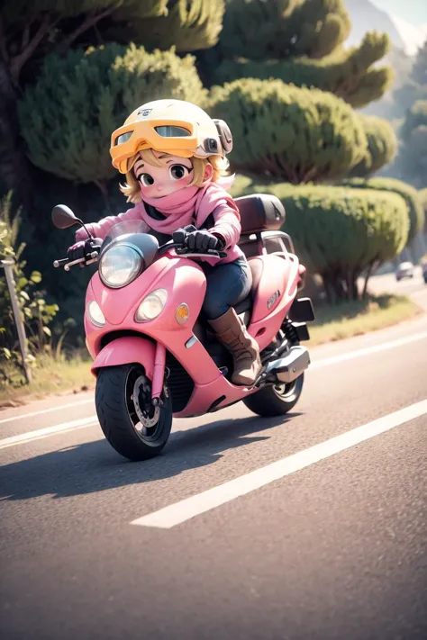 "Describe the object" : "a girl riding a motorcycle",1girl,pink long upper shan,ground vehicle,solo,gloves,motor vehicle,helmet,...