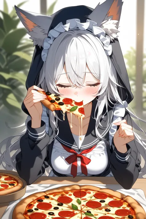 anime girl eating pizza with a cat ears and tail