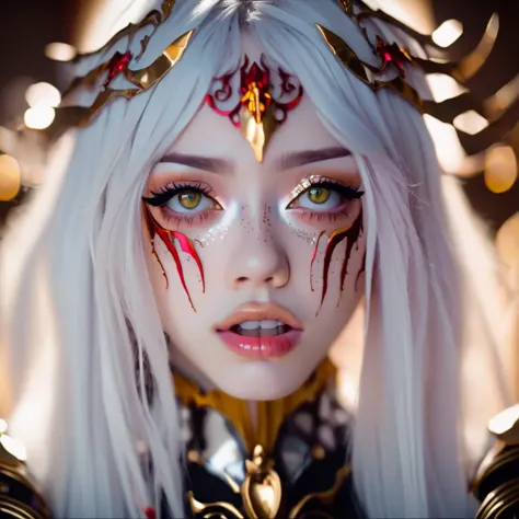 gorgeous egirl with ahegao face wearing metal souls inspired armor with golden edging, she has white to red hair, high quality photography, portrait, nikon, bokeh, cinematic lighting, close up