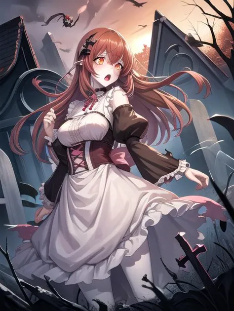 best quality, masterpiece, highres, detailed, digital artwork, <lora:Detail - add_detail:0.2>, 1girl, BansheeCh, ghost girl, horror \(theme\), <lyco:BansheeCh:0.8>, pale white skin, dress, jewelry, torn clothes, screaming, glowing,  sad,  graveyard, Mite, brown hair, orange eyes, pink hair ornament,  <lora:Character - Mite:0.4>