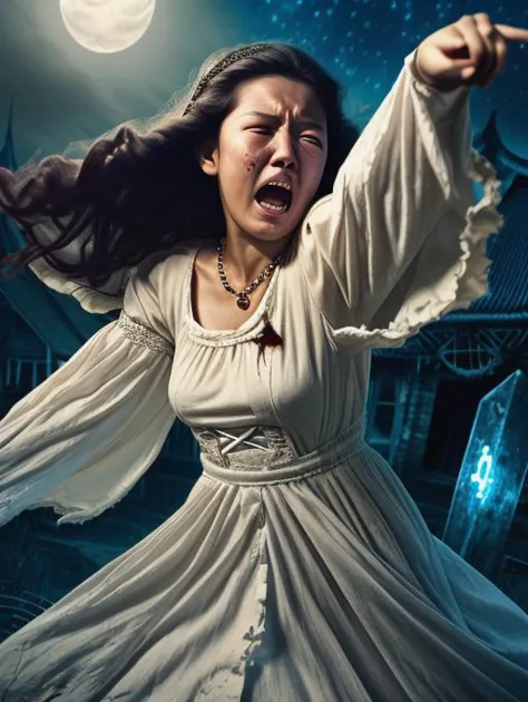 a woman in a white dress is screaming in front of a house