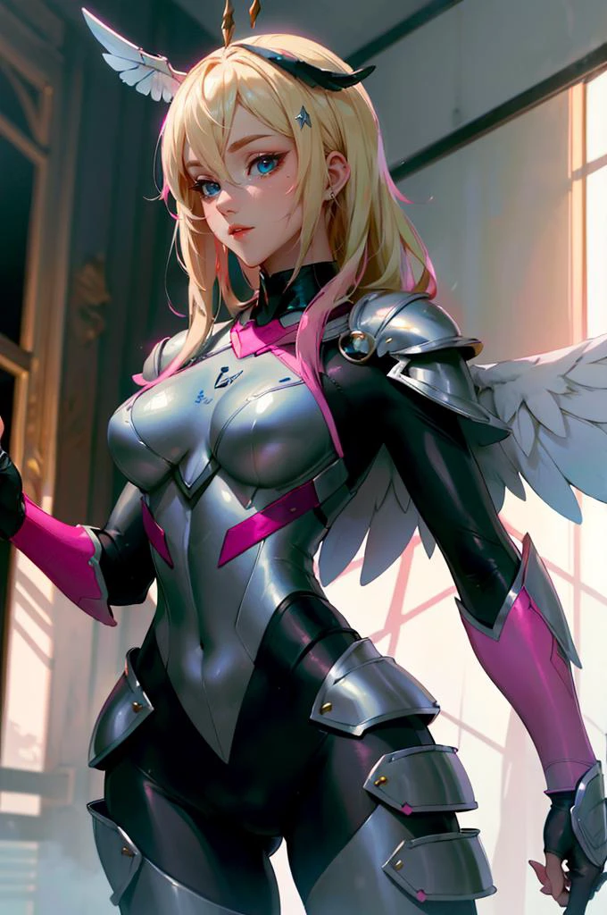 shirosama, blue eyes, blonde hair,, absurdres, ultra detailed, masterpiece, best quality, aesthetic, detailed,, valkyrie, (bodysuit:1.1), pink wing hair ornament, grey armored skirt, black bodysuit, armor, gauntlets, pink breastplate, greaves, armored dress, pink hues,