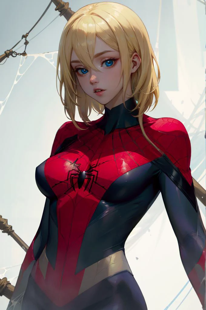shirosama, blue eyes, blonde hair,  spider suit, spider web print, spider web,, absurdres, ultra detailed, masterpiece, best quality, aesthetic, detailed,