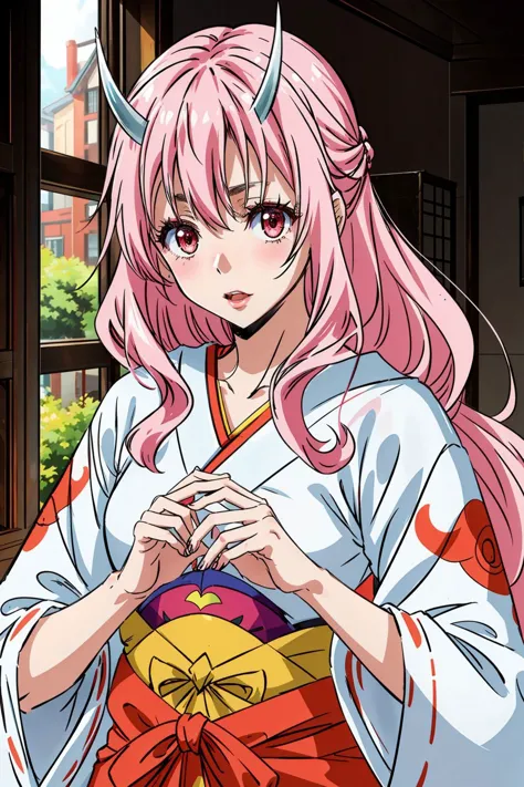 Meisterwerk, beste Qualität, Allein, 1 Mädchen, Detaillierte Augen, detaillierte Hände, detaillierte Beleuchtung, highres,
braune Augen,
Shuna, rot-weißer Kimono, lange Haare, pinkes Haar, rosa Augen, Hörner,