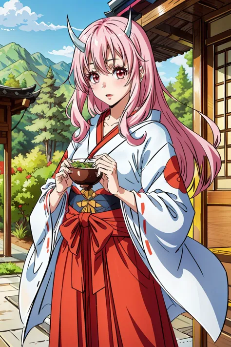 masterpiece, best quality, solo, 1girl, detailed eyes, detailed hands, detailed lighting, highres, temple gate, aura,
brown eyes,
shuna, red and white kimono, long hair, pink hair, pink eyes, horns,