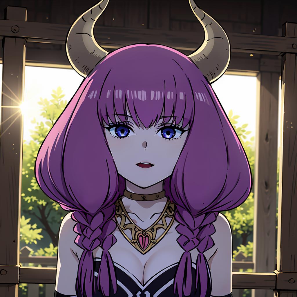 Anime girl with horns and purple hair in a room - SeaArt AI