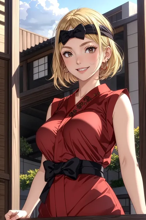 masterpiece, best quality, looking at viewer, mature female, large breasts, big smile, <lora:tanakasaeko-nvwls-v1:0.9> tanaka saeko, blonde hair, earrings, headband, japanese clothes, black clothes, sleeveless, sash, outdoors