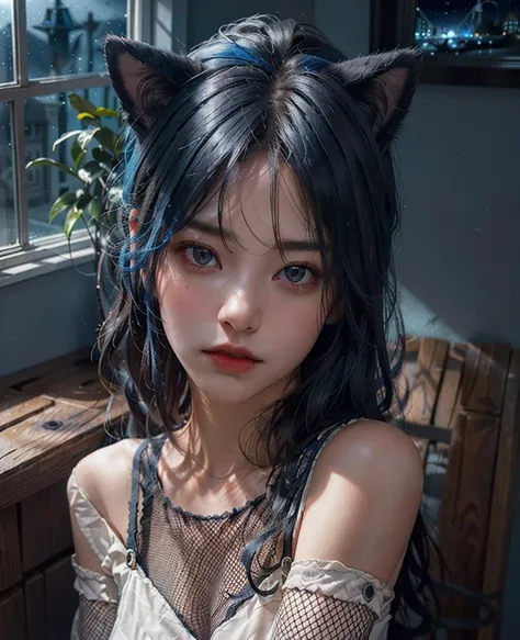 (photo-realistic:1.3)
(1girl), solo, (30yo), mature, (blue room:1.2), (rim lighting:1.3), (dimly lit:1.3), (dark night:1.3), indoors, very_long_hair, cat ears, 
nsfw, see through top, fishnet,
 <lora:JapaneseDollLikeness_v15:0.4>
 <lora:wearing_fishnet14:0.2>