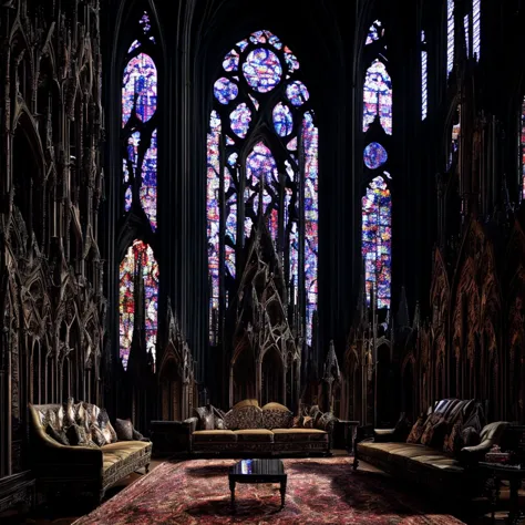 <hypernet:GothicArchitecture:1> Gothic cathedral-inspired living room with stained glass windows, a grand chandelier, and stonework details