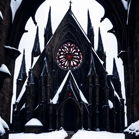 <hypernet:gothicarchitecture:1> exterior of a gothic church with a large rose window during a snowfall