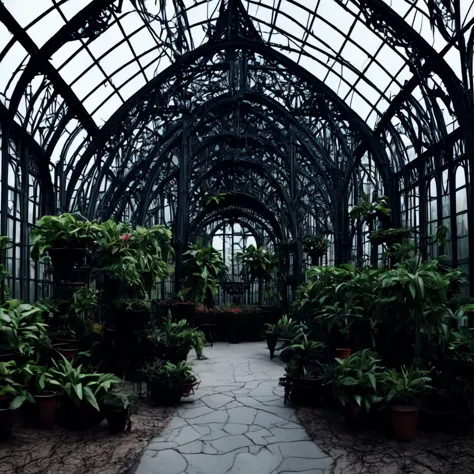 <hypernet:gothicarchitecture:1> a gothic style greenhouse with wrought-iron structures and exotic plants