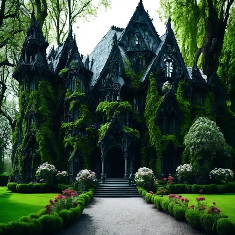 a close up of a building with a lot of plants and flowers