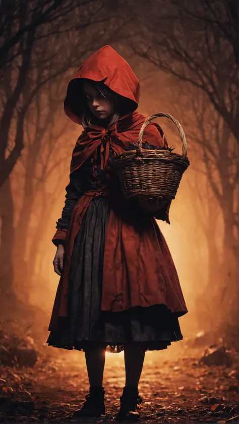 silhouette of little red riding hood, holding a basket, dark magic splash, gothic, Halloween, burnt orange gradient, magic, nature, clean background, magic splash, 3D vector art, fantasy art, watercolor effect, bokeh, Adobe Illustrator, hand-drawn, digital painting, soft lighting, isometric style, retro aesthetic, 4K resolution, using Cinema 4D, natural lighting, cinematic, masterpiece, highly detailed, intricate, extreme textures, horror, terryfying, creepy, Scary, 