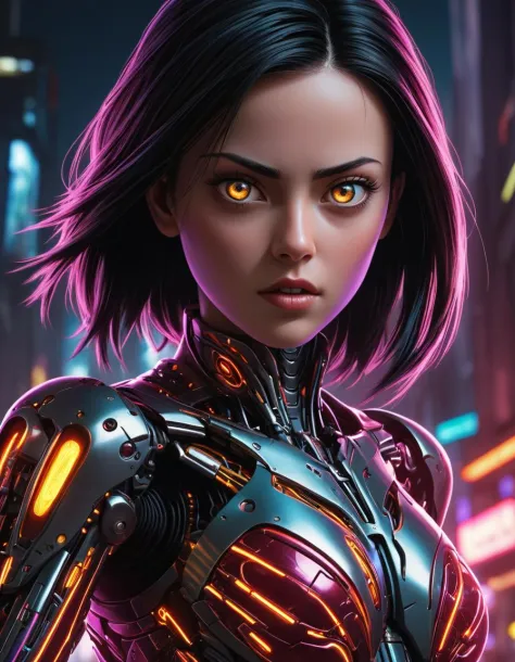 robot cybernétique à couper le souffle Dans ce monde à couper le souffle de Battle Angle la nuit, ral-ledlights Alita prend vie dans une superbe adaptation. Courir vers le spectateur, elle attire l&#39;attention, révélant chaque courbe et ligne de sa forme athlétique maigre. Son expression charmante et déterminée. Les néons qui la baignent d&#39;une lueur chaleureuse. Elle conserve le même sang-froid qui a fait d&#39;elle un personnage si emblématique. Contraste élevé, couleurs vives, intégration:, yeux extrêmement grands et détaillés. L&#39;effet global est une image époustouflante qui capture le style de Chris Cold et Jason Edmiston., . Android, IA, Machine, Métal, fils, technologie, futuriste, très détaillé