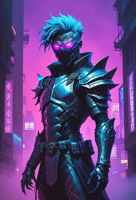 lovecraftian horror Intricate cybernetic ninja with a touch of urban-noir punk grit navigates through the twilight borderland of shimmering fog veiling a realm brimming with إلدريتش mysteries, يستحم في روعة النيون والظلال الدموية. جسد Gui Zhongwei المغطى بالدروع يتحدث عن الكثير من البراعة القتالية البارعة التي تخففها الحكمة الغامضة, while phantasmal spirits loiter around hinting at ominous forces cloaked in mist - in this سريالية tapestry of chiaroscuro hues thrives an uncanny tale whispered amongst the art elite, قريبًا ليحكم روح Artstation. . إلدريتش, الرعب الكوني, مجهول, غامض, سريالية, مفصلة للغاية