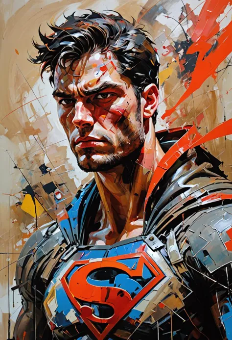 Alerta positivo:
pintura expressionista abstrata Contemple a persona maior que a vida do Superman, conforme imaginada através das lentes provocativas de Russ Mills, acompanhado por técnicas de pintura a óleo em impasto à la Cy Twombly e Anselm Kiefer. Envolvido em uma luta interna acalorada, O alter ego de Clark Kent desvia seu olhar, escolhendo, em vez disso, examinar o seu entorno com uma perspectiva holandesa angular. Pinceladas pesadas dominam a tela, ditando a direção da luz e da sombra, levando, em última análise, o olhar do observador para a periferia da pintura. Simultaneamente figurativo e abstrato, esta interpretação inventiva ousa desafiar as convenções, ganhando reconhecimento entre os círculos de vanguarda da ArtStation. . pincelada energética, cores fortes, formas abstratas, expressivo, emocional,