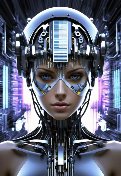 a close up of a woman wearing a futuristic headpiece with a futuristic background