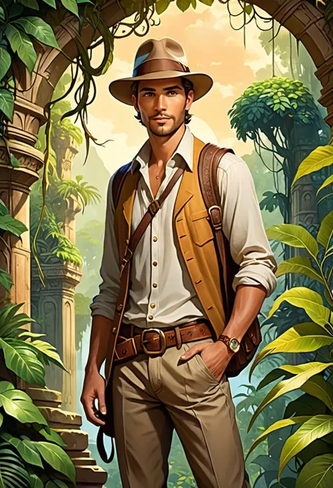 a man in a hat and vest standing in a jungle