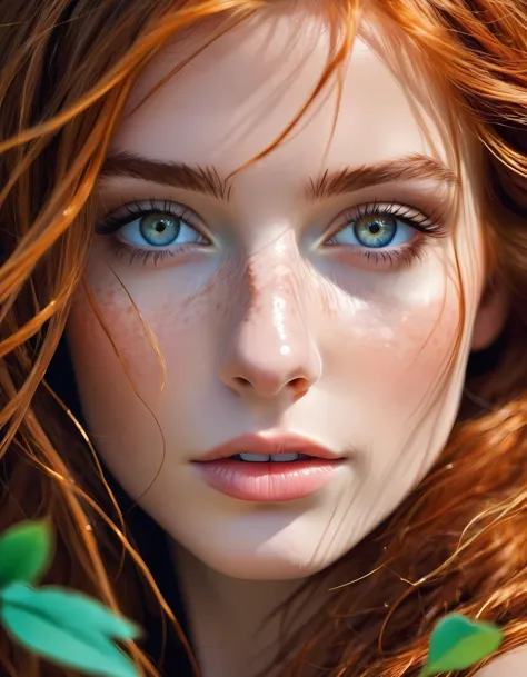 Retrato estilo manga de un primer plano de rostro de mujer único, impresionante y hermoso, detalle impresionante, hyper detallado eyes, detallado skin with a flawless texture delicate and refined, cabello liso elegantemente caído alrededor de su cuello, pecas sutiles en su nariz, plenitud de sus labios, cubierto de hojas, capturado en una composición magistral, La iluminación acentúa su belleza natural., sombras y luces suaves, increíble habilidad y atención al detalle, enfoque súper nítido, Carne Griffiths, Conrado Roset, Annie Leibovitz, hyperdetallado, luz tenue, . vibrante, energia alta, detallado, icónico, Estilo de cómic japonés,