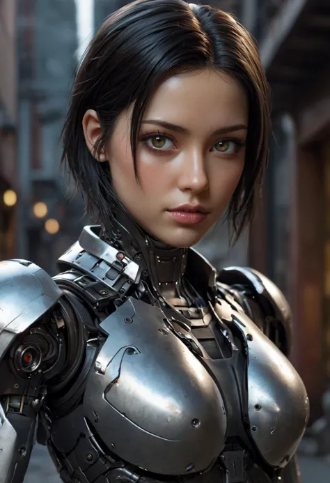 cinematic film still cybernetic robot gritty world of Battle Angel, cyborg Alita, cowboy shot, hyper-realistic skin, inner glow,...