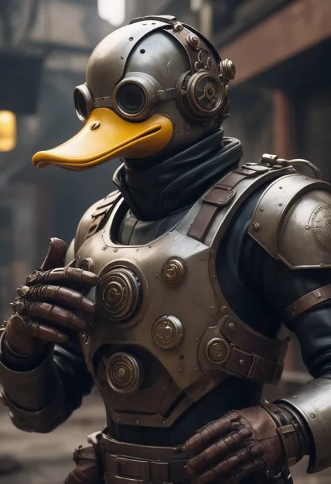 a close up of a duck wearing a helmet and gloves