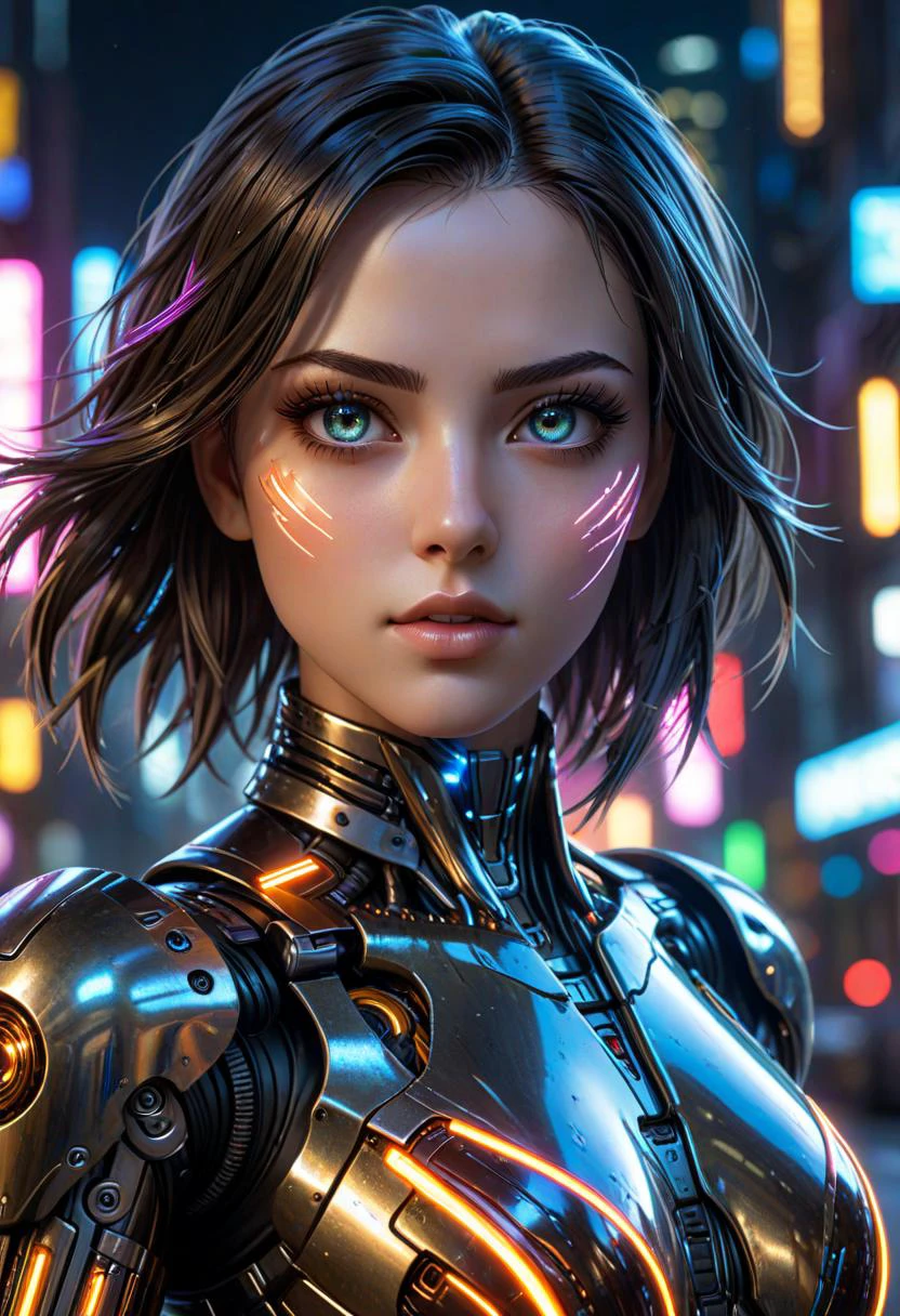 cybernetic robot breathtaking In this breathtaking world of Battle Angle at night, ral-ledlights Alita comes to life in a stunning adaptation, natural skin. Running towards the viewer, she commands attention, revealing every curve and line of her lean athletic form. Her charming and determined expression. The neon lights that bathe her in a warm glow. She maintains the same cool composure that made her such an iconic character. High contrast, vibrant colors, embedding:, extremely large detailed eyes. The overall effect is a stunning image that captures the style of Chris Cold and Jason Edmiston, . android, AI, machine, metal, wires, tech, futuristic, highly detailed,