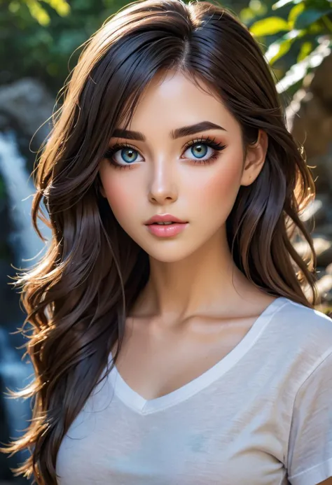 obra de arte de anime hermosa mujer israelí, Primer plano de la cara, ojos hiper detallados, Piel detallada con una textura impecable., cabello elegantemente caído alrededor de su cuello, labios llenos, camiseta gráfica, pose dinámica, la iluminación acentúa su belleza natural, sombras y luces suaves, enfoque súper nítido, en una ruta de senderismo cerca de una cascada,  estilo de Jovana Rikalo, estilo de tyler escudos, estilo de Daniela Uhlig, enormes ojos de anime, . estilo animado, clave visual, vibrante, studio anime,  muy detallado