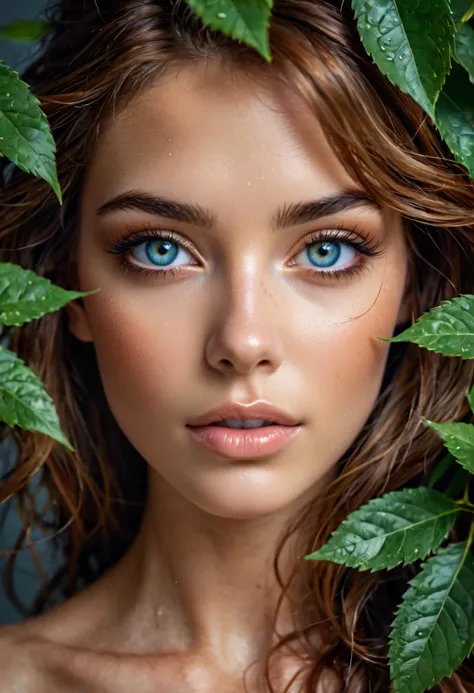 a close up of a woman with blue eyes and long hair