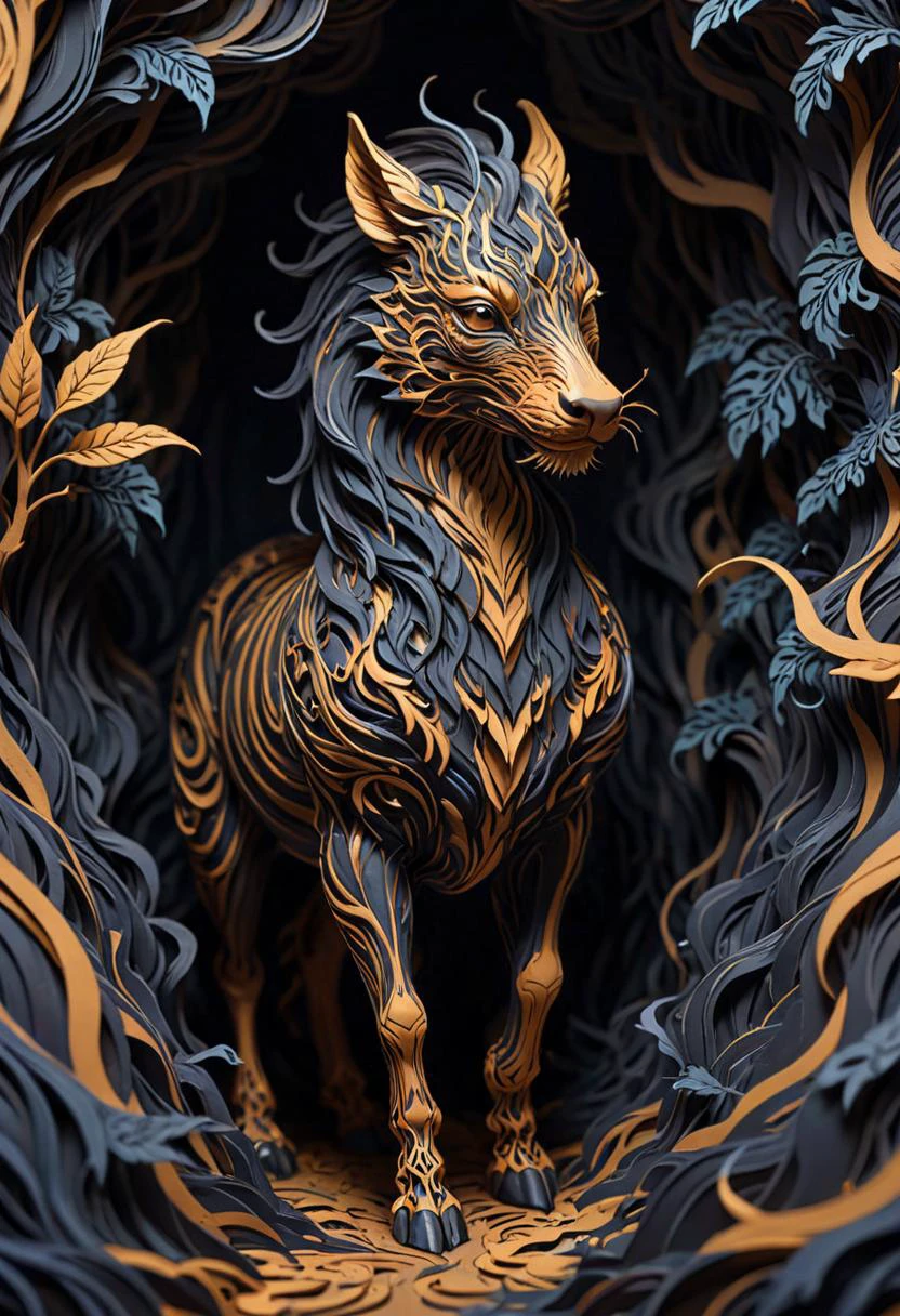 Thick layered papercut art of linquivera kylin, bold lines, hyper detailed, a dark warm limited palette, chiaroscuro, liiv1, . Deep 3D, volumetric, dimensional, depth, thick paper, high stack, heavy texture, tangible layers