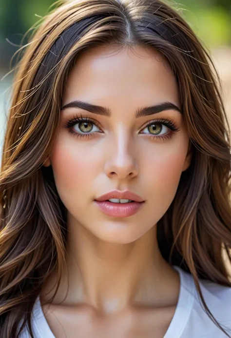 a woman with long brown hair and green eyes posing for a picture