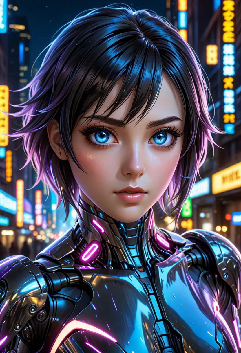anime artwork cybernetic robot, breathtaking In this breathtaking world of Battle Angle at night, ral-ledlights Alita comes to life in a stunning adaptation, natural skin. Running towards the viewer, she commands attention, revealing every curve and line of her lean athletic form. Her charming and determined expression. The neon lights that bathe her in a warm glow. She maintains the same cool composure that made her such an iconic character. High contrast, vibrant colors, embedding:, extremely large detailed eyes. The overall effect is a stunning image that captures the style of Chris Cold and Jason Edmiston, . anime style, key visual, vibrant, studio anime,  highly detailed